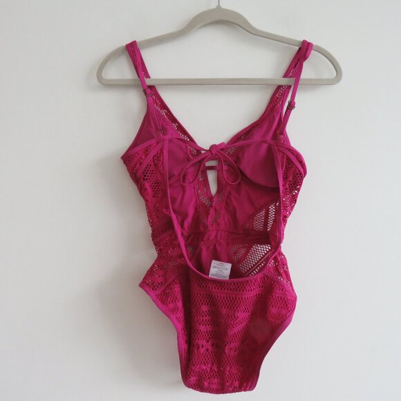 BECCA Purple Color Play Crochet Plunge One-Piece Swimsuit Magenta - Size XS - Picture 10 of 14
